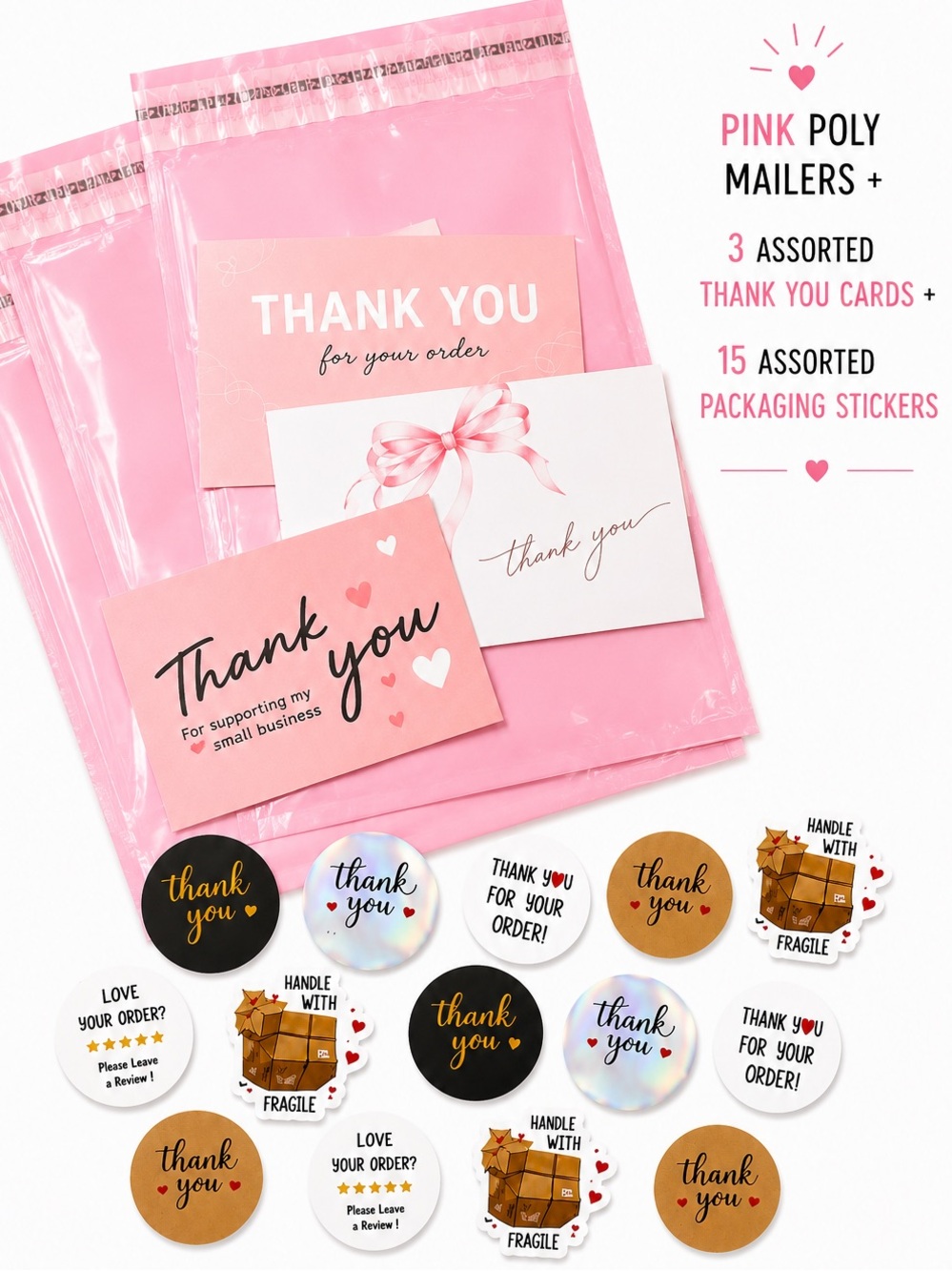 🆕 10 Pink Strong Poly Mailers, 3 Assorted Thank You Cards & 15 Stickers NWOT